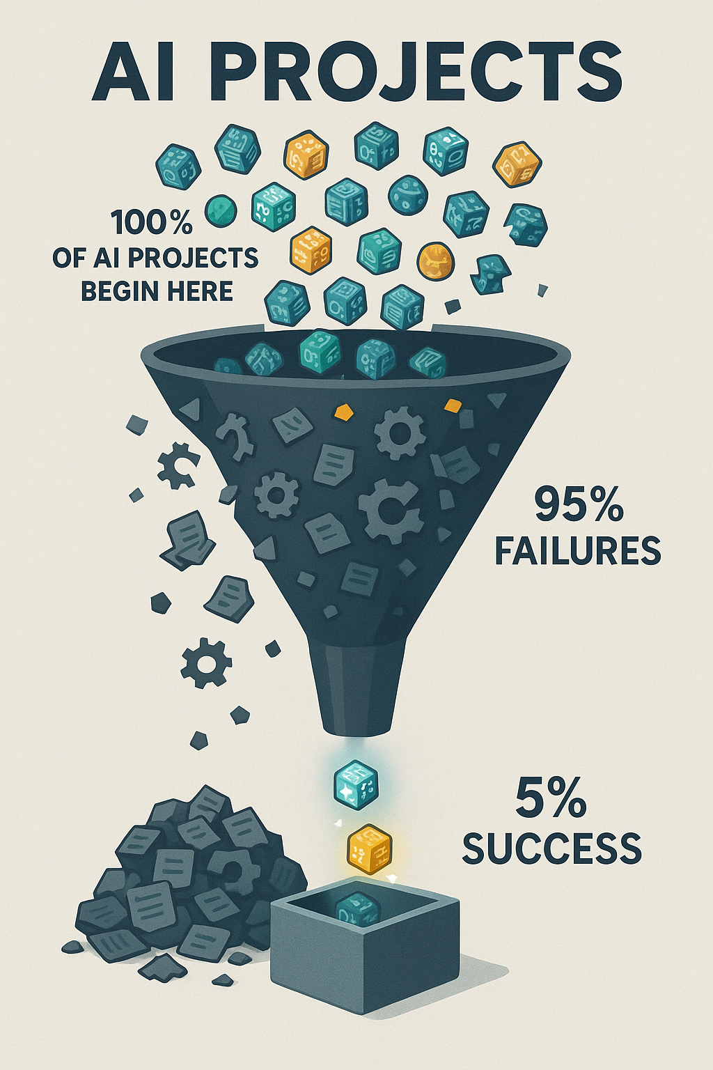 An infographic showing a large funnel labeled "AI Projects." At the top, 100% of AI projects enter as colorful icons with circuit patterns. Along the funnel, most icons spill out into a pile labeled "95% Failures," while only a few glowing icons reach the bottom into a box labeled "5% Success."