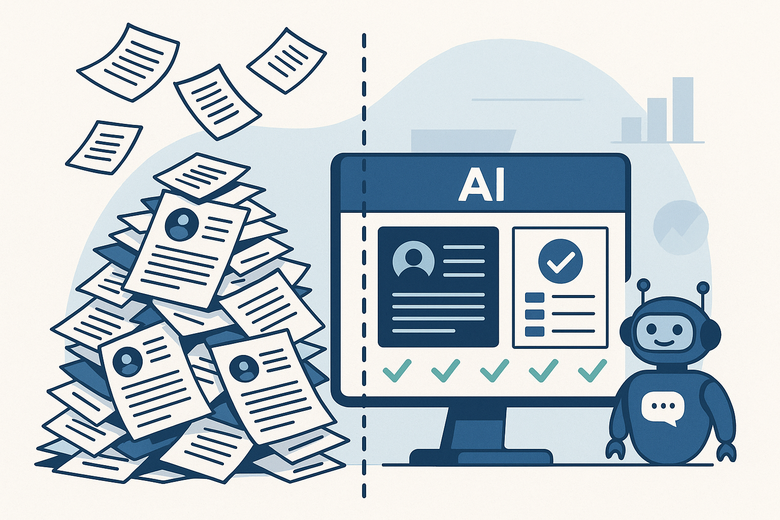 A flat-style digital illustration showing a chaotic pile of paper resumes on the left and an AI-powered dashboard on the right. A friendly chatbot stands next to the screen, representing streamlined, automated recruiting.